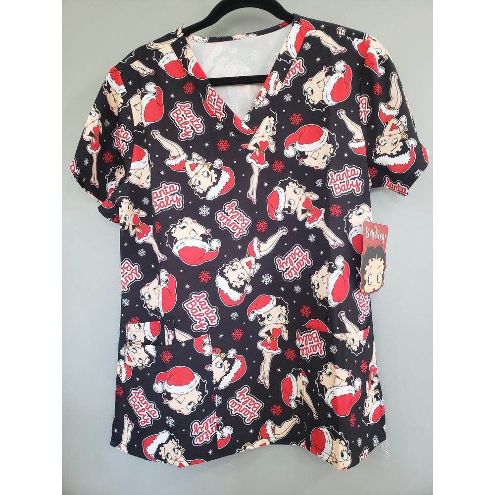 NEW Betty Boop V-Neck Short Sleeve‎ Scrub Top Size MEDIUM Santa Baby